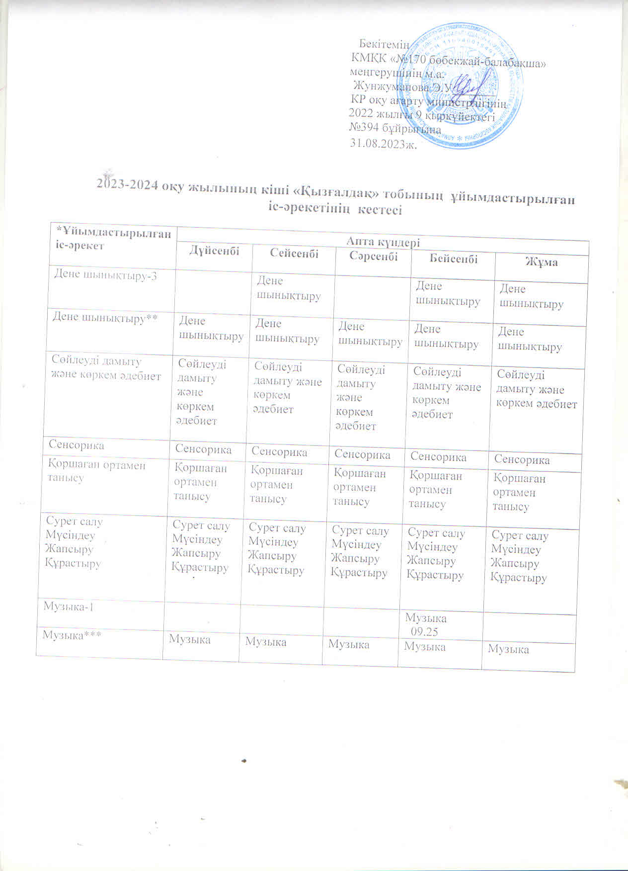 2023-2024 оқу жылының кіші "Қызғалдақ" тобының  ұйымдастырылған іс-әрекетінің кестесі