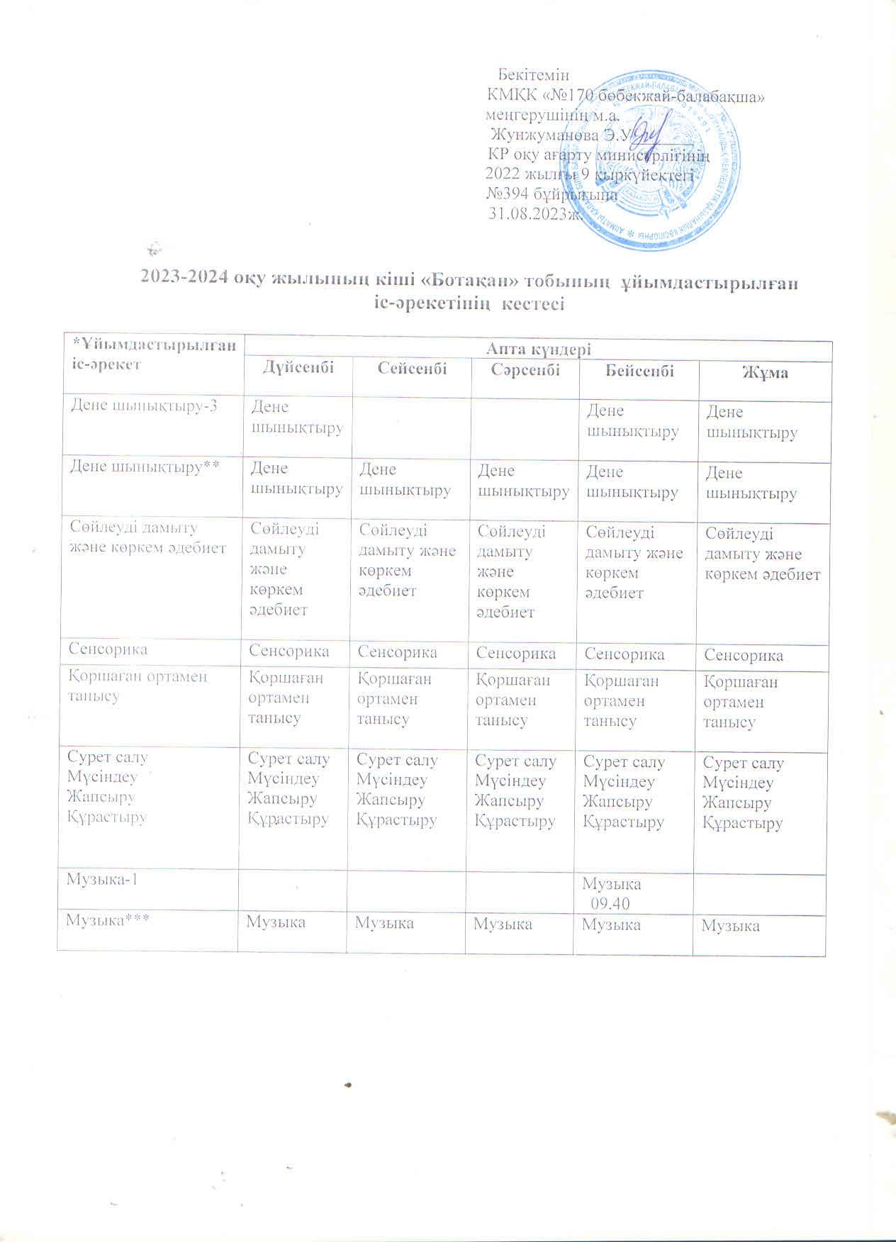 2023-2024 оқу жылының кіші "Ботақан" тобының  ұйымдастырылған іс-әрекетінің кестесі