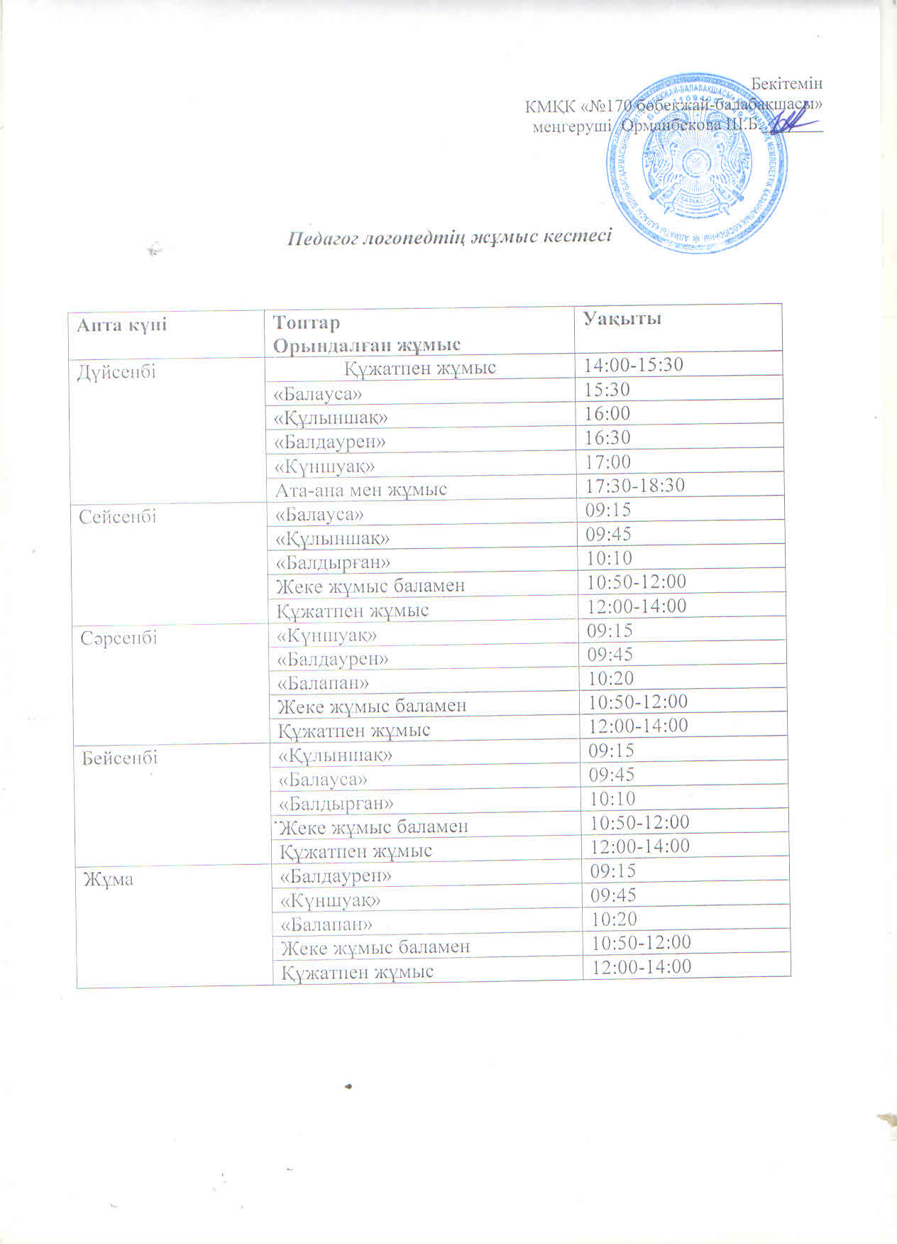 2023-2024 оқу жылына арналған Логопедтің  ұйымдастырылған іс-әрекетнің кестестесі